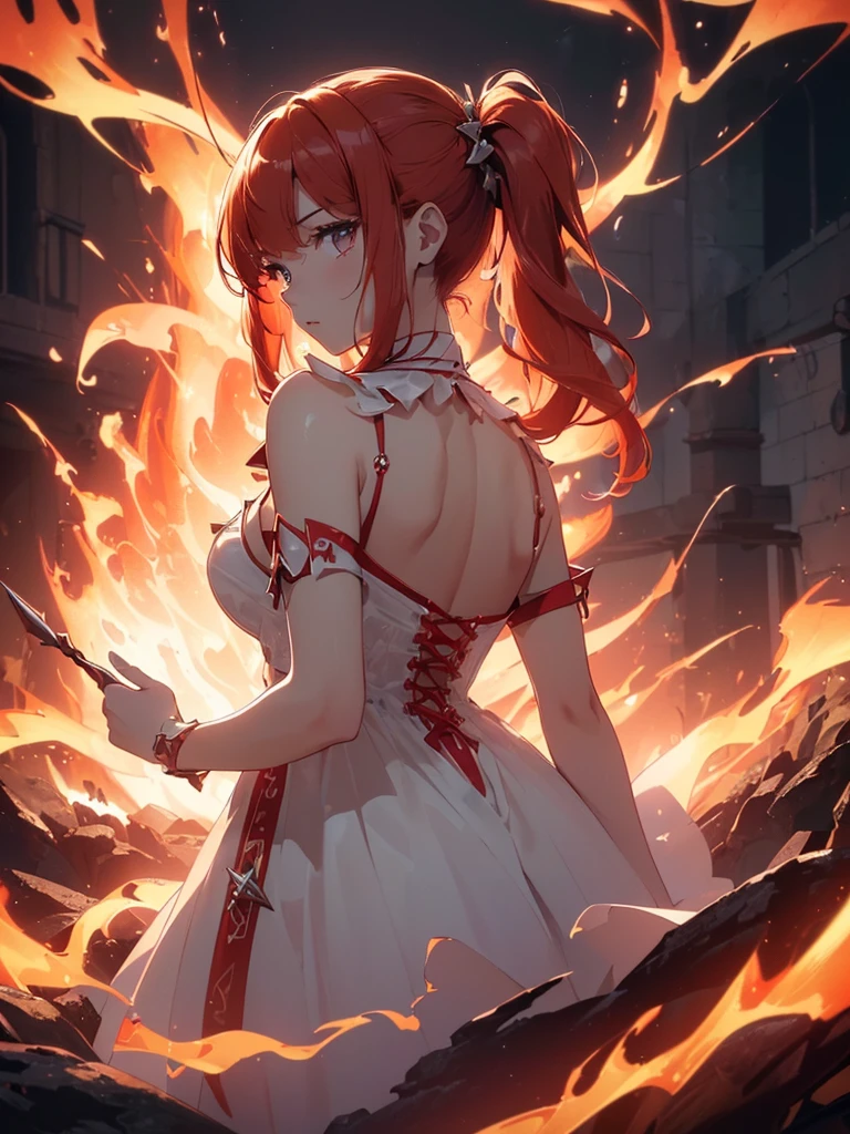 (((best quality, sharp image, clear image, cinematic lighting, 8k resolution, masterpiece, ultra detailed, intricate))) Girl, (((looking over right shoulder))), (shot from behind), ((half shot)), fiery red hair, pigtails, (white dress), ((flaming sigils, flaming runes)), spiky rock formations, flaming lotus flowers, busy background, (swirling flames).