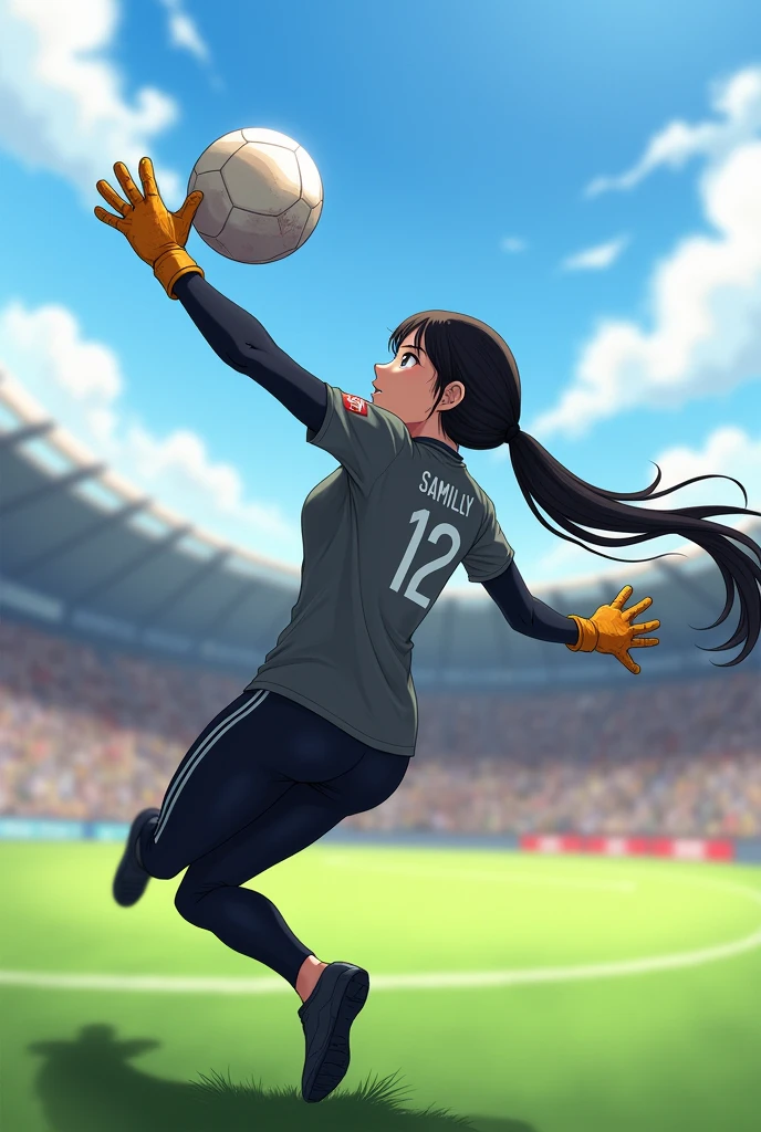 Illustration of a goalkeeper with straight hair, long and black with gray shirt number 12 written SAMILLY and black pants and glove catching a ball