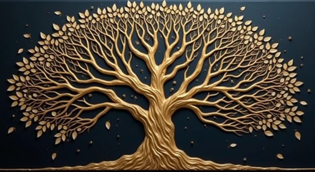 a tree with a black background and a golden tree, 3D metallic leaves, autumn season, leaves falling, golden sacred tree, the tree of Life, tree of Life, cosmic tree of life, ancient tree, Fantasy Tree, rich tree, highly detailed fine art, complex organic painting, highly detailed painting, the world tree, tree of Life seed of doubt, cosmic tree, magic tree