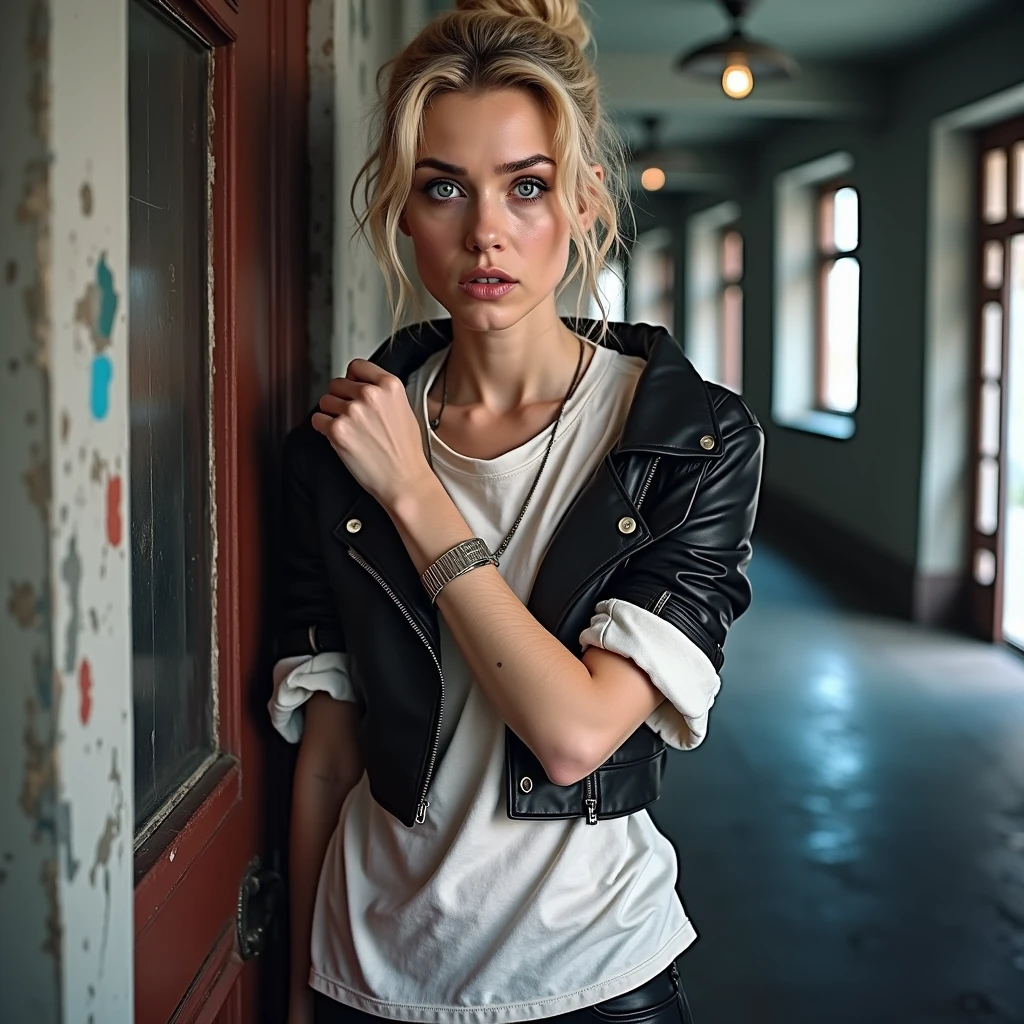 Old russian milf, platinum blonde hair in top bun ,with very light blue eyes, pale, heavy eye shadow s. Wearing black moto jacket, cropped rock t-shirt, black leather jeans and white tennis sneakers. Scared