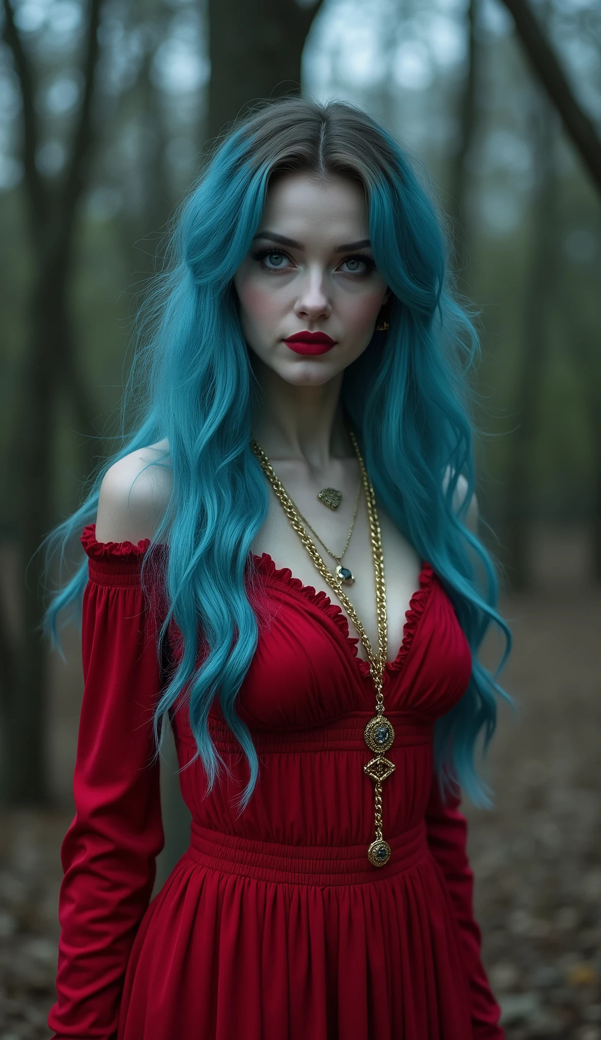 Extremely specific 4K photograph of a woman with Chanel blue hair, eyes black, seductive look and soft smile, red lipstick on the lips, golden accessories, wearing a long red dress in the horror park, halloween