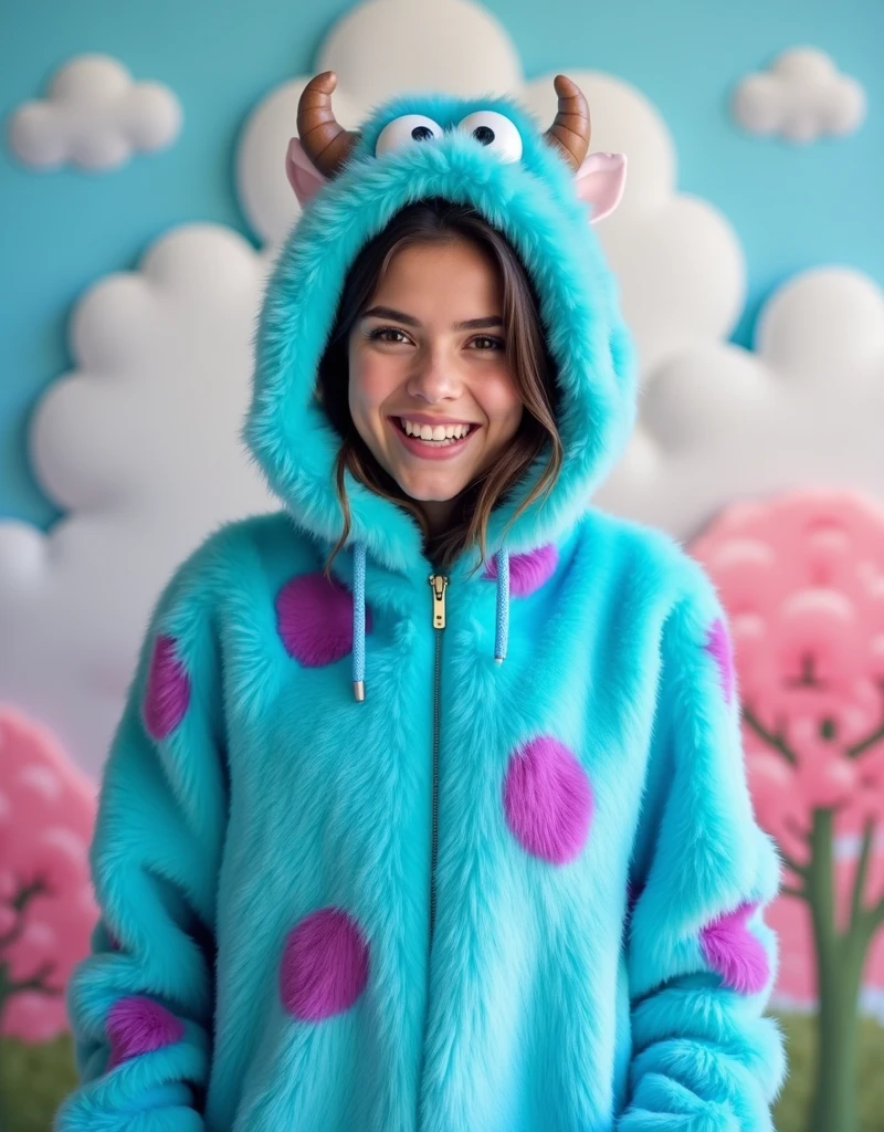 Brunette influencer, Cosplay as Sully from Monsters Inc outfit, Blue furry one piece with magenta spots, cute smile, taken with a Canon R5 F1.2