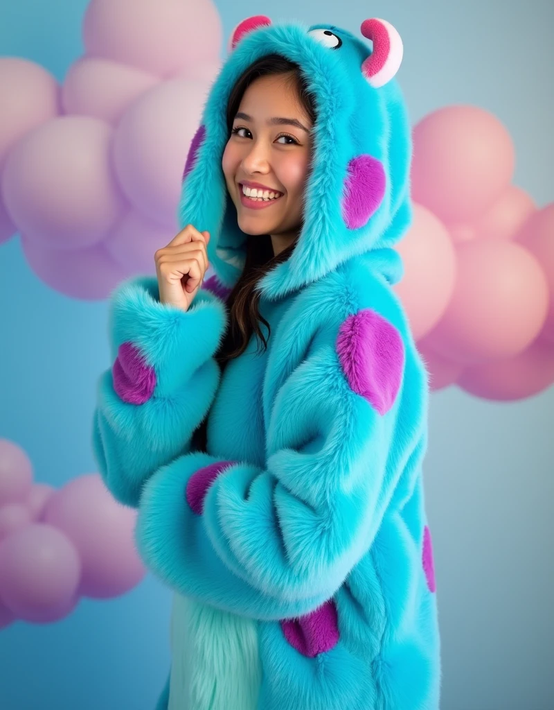 Brunette influencer, Cosplay as Sully from Monsters Inc outfit, Blue furry one piece with magenta spots, cute smile, taken with a Canon R5 F1.2