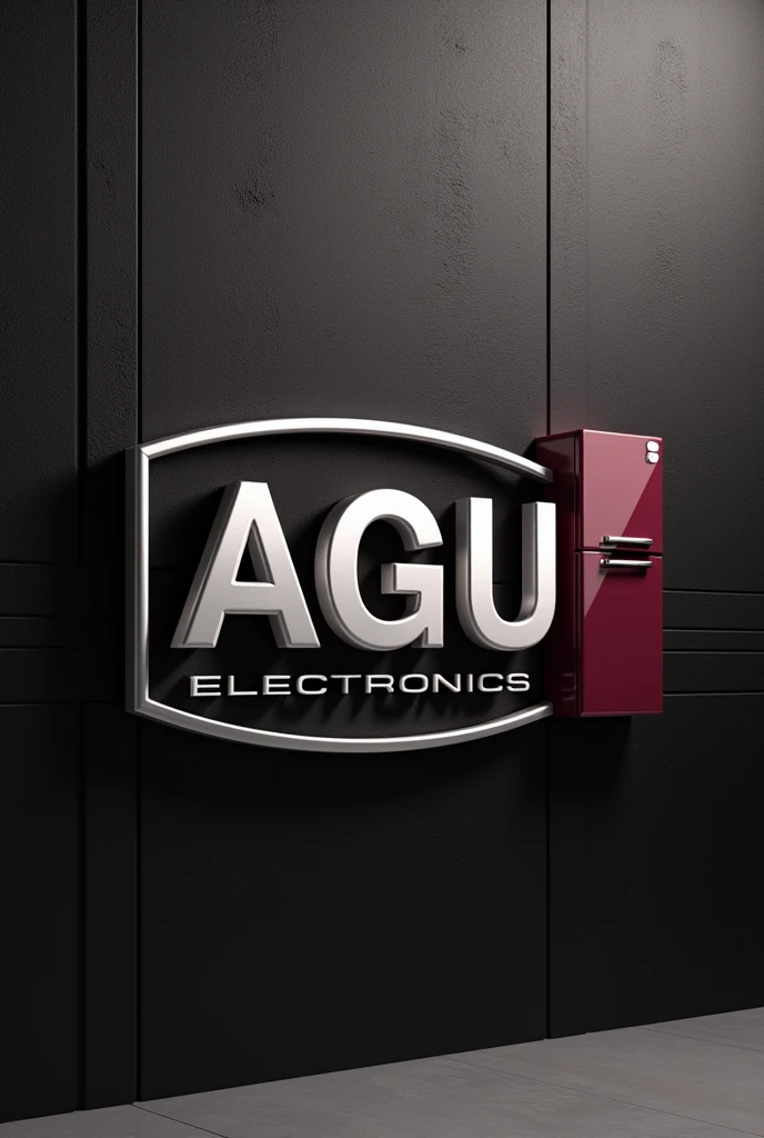 A 3D metallic mockup "AGU ELECTRONICS" logo captivates against a vibrant black wall, written with an white and wine font colour with a glossy finish. the logo is designed with a small sized Fridge ,phone and "AGU ELECTRONIC S" boldly written on the vibrant wall.