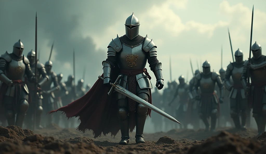 A highly realistic, high-contrast, 8K HD, detailed, hyper-detailed image of a lone knight fighting against multiple enemies, giving everything he has for the honor of his kingdom. The knight, clad in steel armor with a lion emblem on his chest, is surrounded by foes on all sides, yet he stands resolute, wielding his sword with fierce determination. The dramatic landscape around him is filled with rugged terrain and ominous skies, heightening the intensity of the battle. The atmosphere is tense and heroic, capturing the knight's courage and unyielding spirit as he fights against overwhelming odds. The image is of the highest quality, with ultra-high resolution, RAW photo quality, and Unreal Engine rendering, portraying the lone knight's valor and the epic nature of his struggle.
