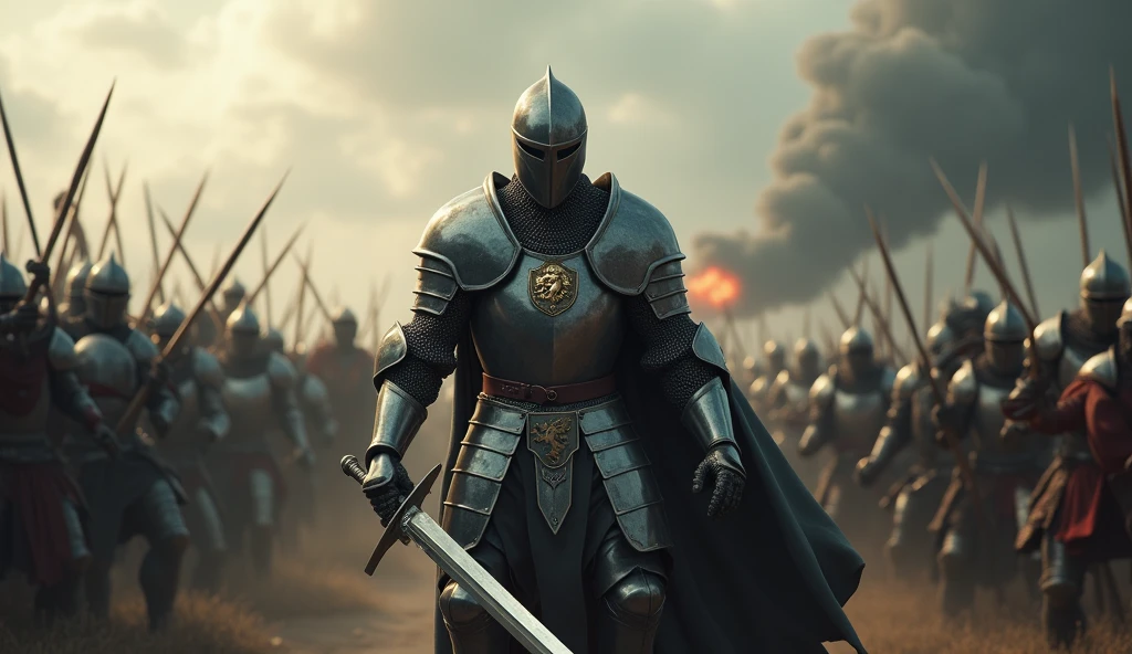 A highly realistic, high-contrast, 8K HD, detailed, hyper-detailed image of a lone knight fighting against multiple enemies, giving everything he has for the honor of his kingdom. The knight, clad in steel armor with a lion emblem on his chest, is surrounded by foes on all sides, yet he stands resolute, wielding his sword with fierce determination. The dramatic landscape around him is filled with rugged terrain and ominous skies, heightening the intensity of the battle. The atmosphere is tense and heroic, capturing the knight's courage and unyielding spirit as he fights against overwhelming odds. The image is of the highest quality, with ultra-high resolution, RAW photo quality, and Unreal Engine rendering, portraying the lone knight's valor and the epic nature of his struggle.
