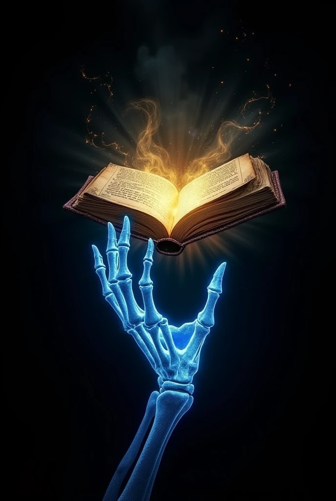 A blue skeletal hand pointing to a magical book on a black background