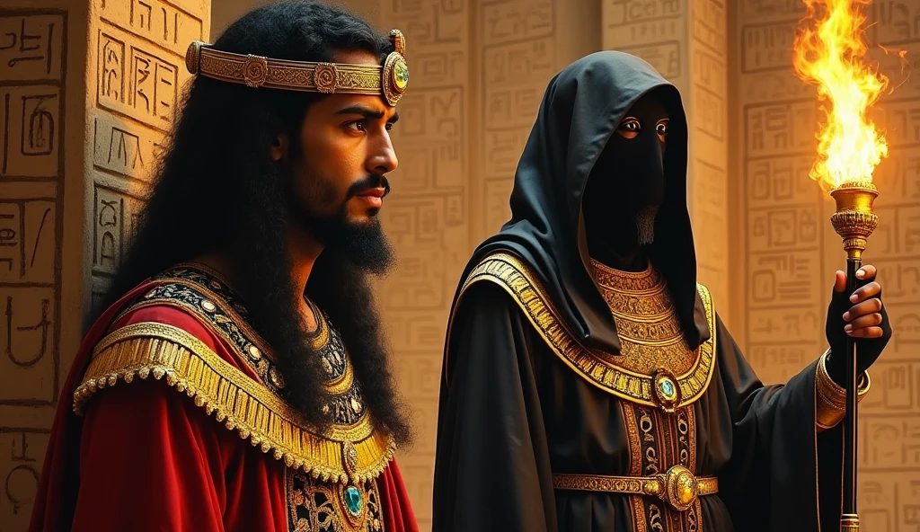 oil painting, Ancient Eastern king facing one side of the image and Egyptian priest behind with dark robe with ornaments and Egyptian scepter covering his head and serious face located in the center of the image