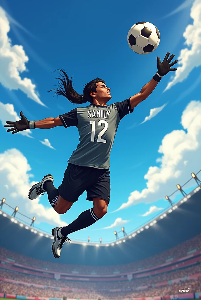 Illustration of brown skin goalkeeper, slickedback hair, long and black with gray shirt number 12 written SAMILLY and black pants and glove catching a ball
