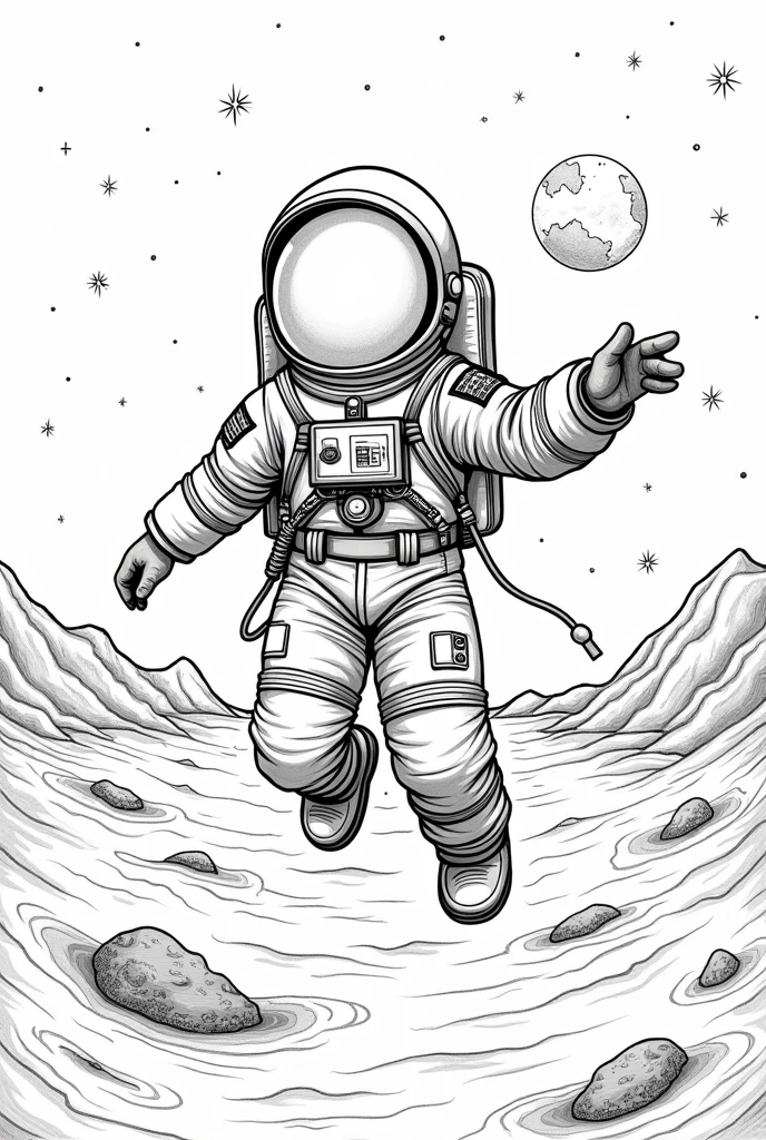 High quality black and white astronaut and moon coloring page
