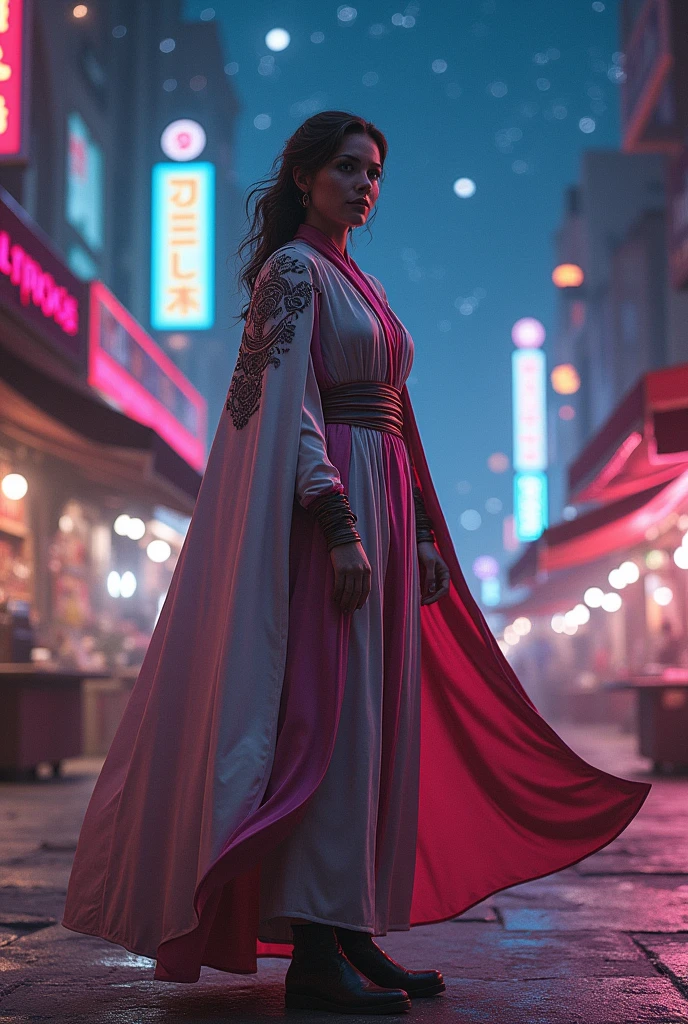 Female smuggler with pink grey white robe and a beautiful cape