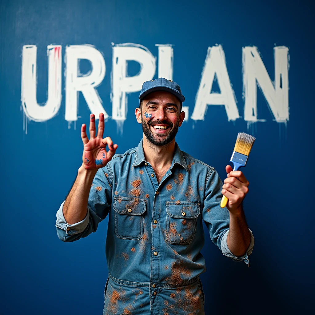 Imagine a realistic scene in 8K, showing a visibly dirty painter, with paint drips on their clothes and skin. He is making a &#39;joke&#39; sign with one hand, while in the other he holds a brush equally dirty with paint. The wall behind him is a deep dark blue, with the word 'URBPLAN' written in white, standing out against the dark background. The image is predominantly in shades of blue, reflecting the color of the wall and the painter&#39;s uniform. High resolution captures the details of inkblots, the brush used and the painter&#39;s expression of satisfaction, offering an immersive and authentic look at the work being done