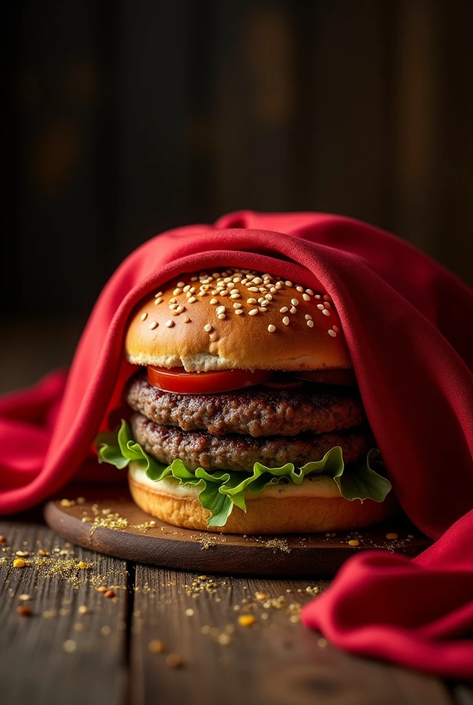 Generate an image of a hamburger, where the hamburger is not visible but is covered with a silky red cloth.