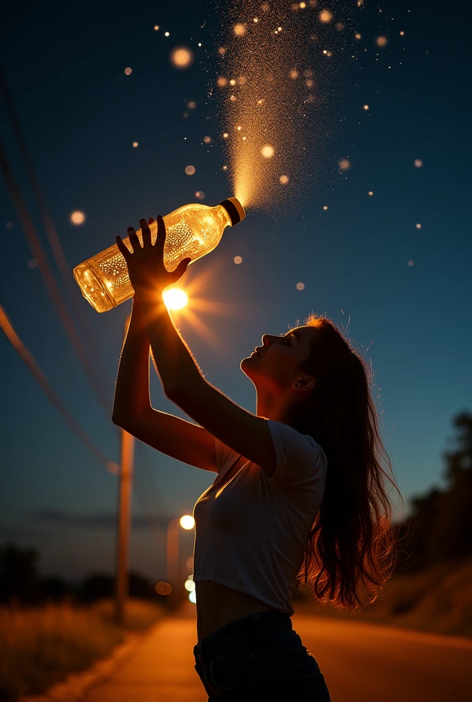 a young woman holding a perforated water bottle pointed toward the sky at night. The bottle is squeezed, causing water to flow out from the holes in a way that resembles an umbrella or rays, beautifully illuminated by a light source in the background. The light source, which appears to be a streetlamp, enhances the beauty of the water spray, making it shine like golden circles in the dark. The final effect resembles a blooming flower or an explosion of light and water.