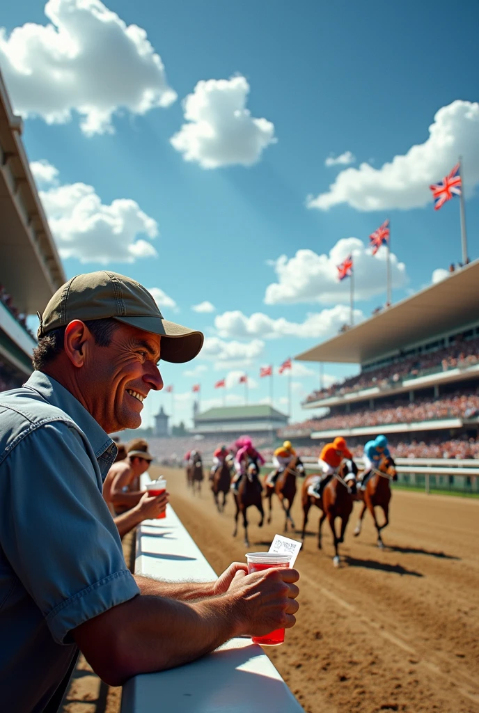 A grinning man wearing a cap, watching the horse racing odds.