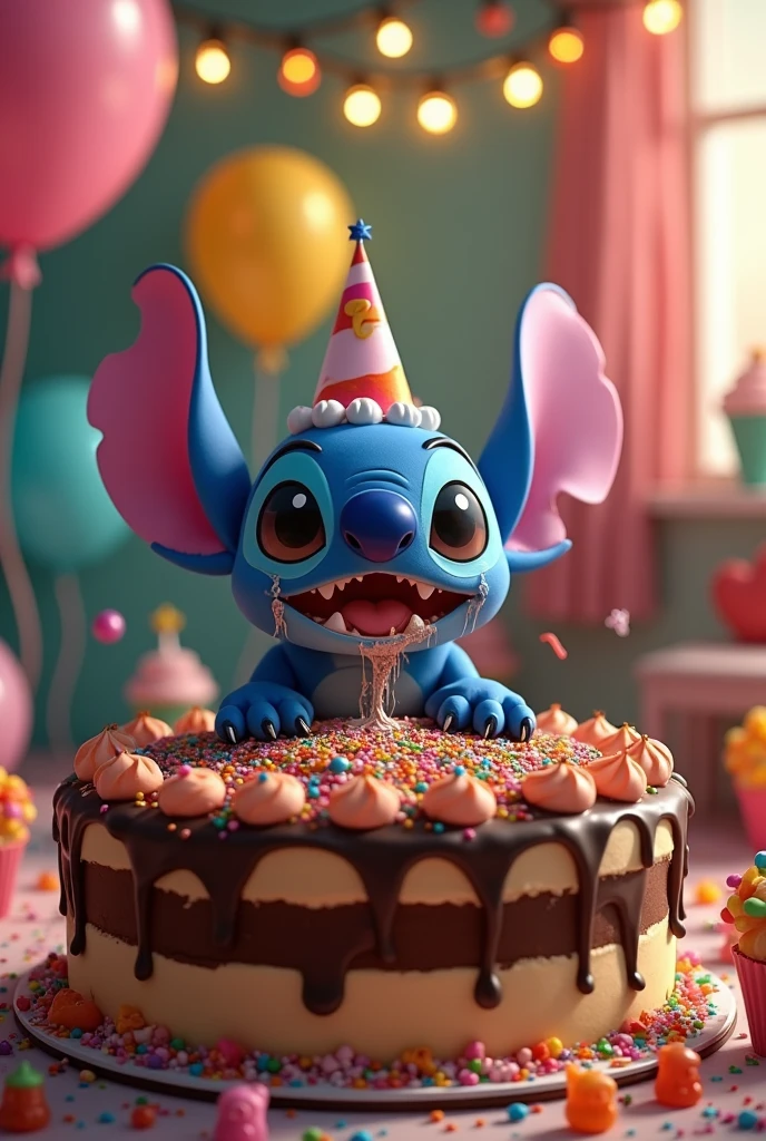 Stitch eating birthday cake and lots of sweets