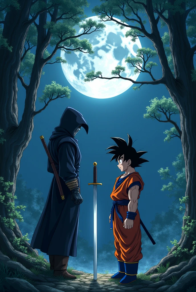 (anime) ninja killing goku with a sword through his chest in the forest whit a full moon