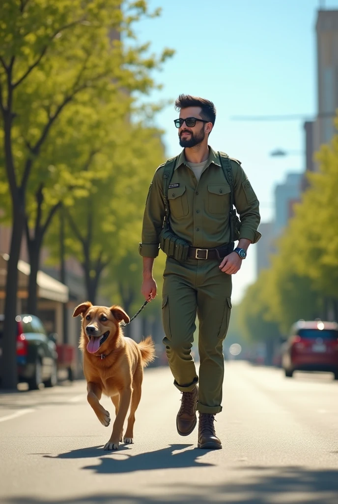 I want an image of a young, thin, military man with no beard and black hair wearing sunglasses going to work with his tan dog named Hanna, both happy together.
