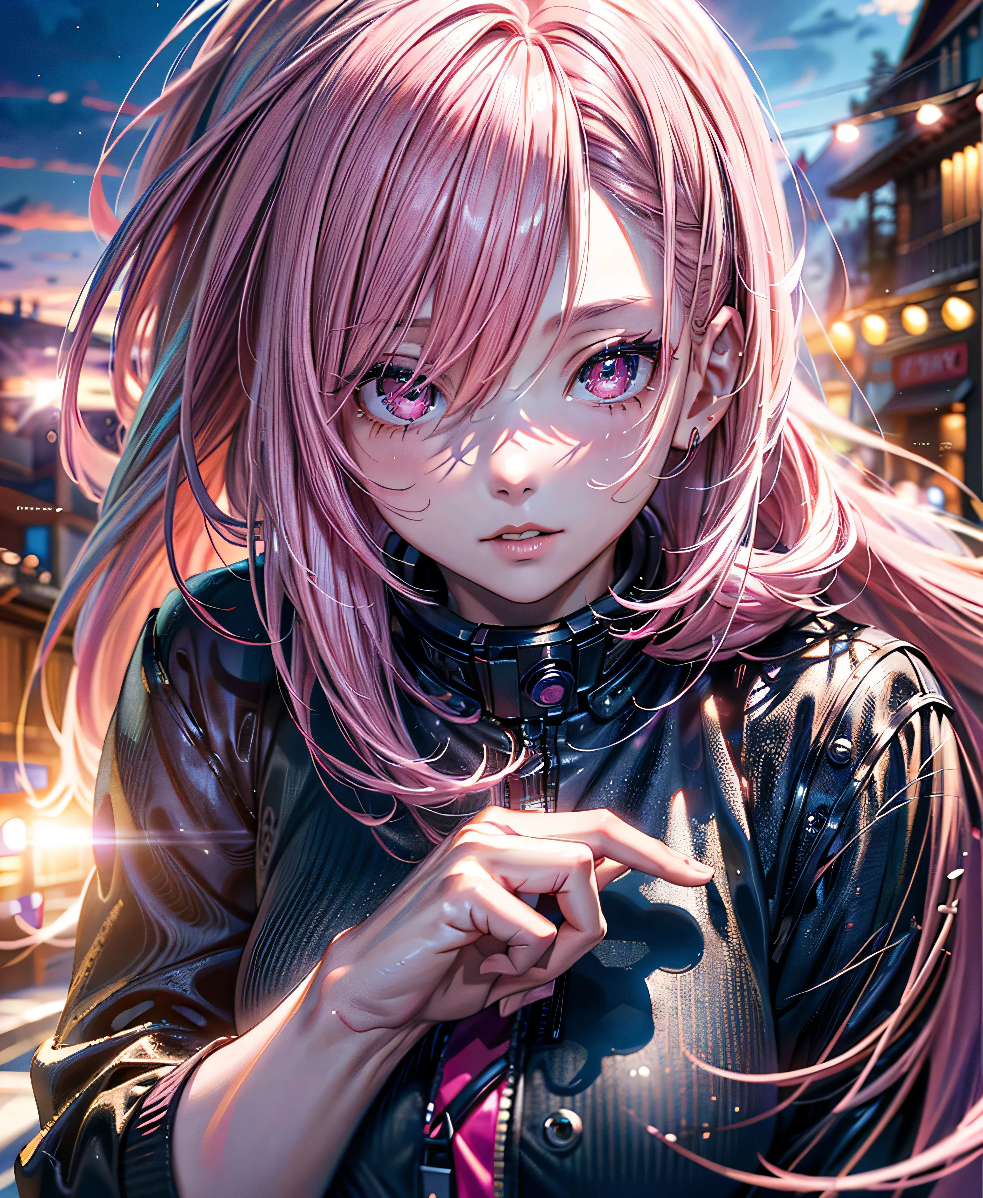 Pink Hair, (Official Art、Highest quality、unity 8k wallpaper、32K、masterpiece、Very detailed、超A High resolution、Realistic、Photorealistic:1.2)、(Cinema Lighting:1.2), High resolution, (masterpiece: 1.4), Very detailed, one person's, Platinum Blonde, Medium Hair, Red eyes, Windows on the facade of a high-rise building, Cowboy Shot,