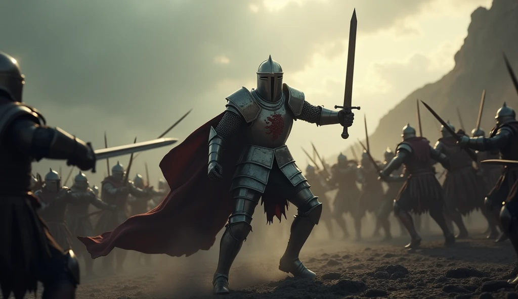 A highly realistic, high-contrast, 8K HD, detailed, hyper-detailed image of a lone knight fighting against multiple enemies, giving everything he has for the honor of his kingdom. The knight, clad in steel armor with a lion emblem on his chest, is surrounded by foes on all sides, yet he stands resolute, wielding his sword with fierce determination. The dramatic landscape around him is filled with rugged terrain and ominous skies, heightening the intensity of the battle. The atmosphere is tense and heroic, capturing the knight's courage and unyielding spirit as he fights against overwhelming odds. The image is of the highest quality, with ultra-high resolution, RAW photo quality, and Unreal Engine rendering, portraying the lone knight's valor and the epic nature of his struggle.
