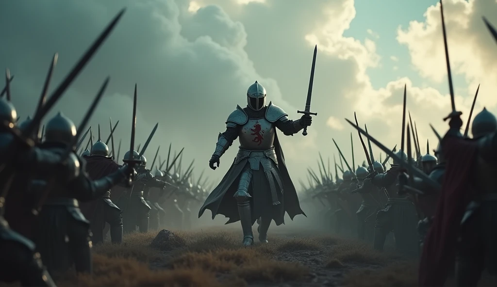 A highly realistic, high-contrast, 8K HD, detailed, hyper-detailed image of a lone knight fighting against multiple enemies, giving everything he has for the honor of his kingdom. The knight, clad in steel armor with a lion emblem on his chest, is surrounded by foes on all sides, yet he stands resolute, wielding his sword with fierce determination. The dramatic landscape around him is filled with rugged terrain and ominous skies, heightening the intensity of the battle. The atmosphere is tense and heroic, capturing the knight's courage and unyielding spirit as he fights against overwhelming odds. The image is of the highest quality, with ultra-high resolution, RAW photo quality, and Unreal Engine rendering, portraying the lone knight's valor and the epic nature of his struggle.