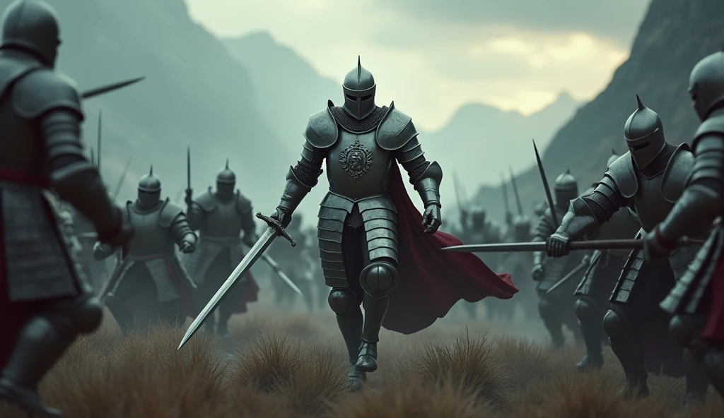 A highly realistic, high-contrast, 8K HD, detailed, hyper-detailed image of a lone knight fighting against multiple enemies, giving everything he has for the honor of his kingdom. The knight, clad in steel armor with a lion emblem on his chest, is surrounded by foes on all sides, yet he stands resolute, wielding his sword with fierce determination. The dramatic landscape around him is filled with rugged terrain and ominous skies, heightening the intensity of the battle. The atmosphere is tense and heroic, capturing the knight's courage and unyielding spirit as he fights against overwhelming odds. The image is of the highest quality, with ultra-high resolution, RAW photo quality, and Unreal Engine rendering, portraying the lone knight's valor and the epic nature of his struggle.
