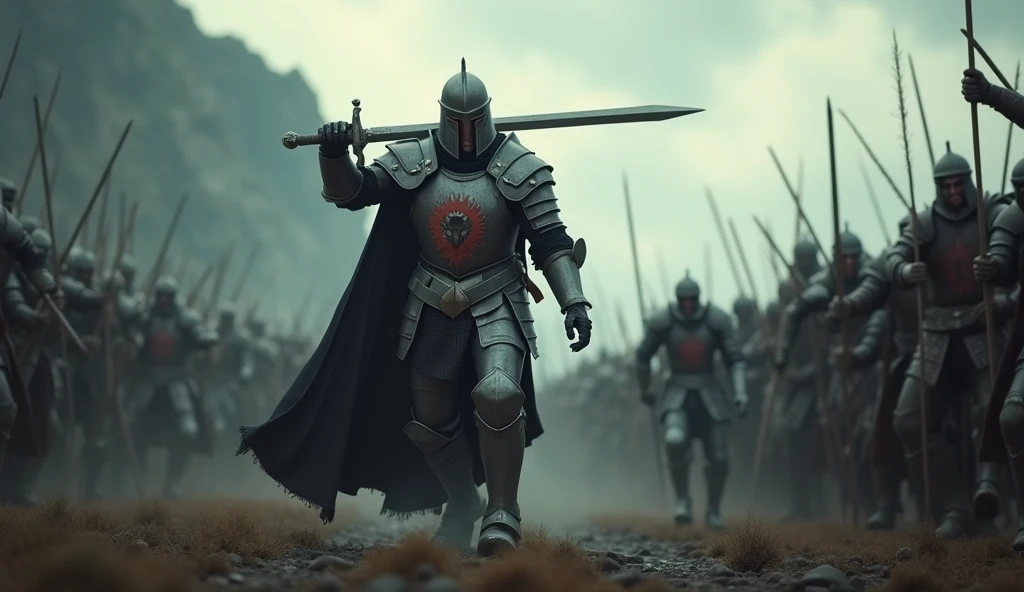 A highly realistic, high-contrast, 8K HD, detailed, hyper-detailed image of a lone knight fighting against multiple enemies, giving everything he has for the honor of his kingdom. The knight, clad in steel armor with a lion emblem on his chest, is surrounded by foes on all sides, yet he stands resolute, wielding his sword with fierce determination. The dramatic landscape around him is filled with rugged terrain and ominous skies, heightening the intensity of the battle. The atmosphere is tense and heroic, capturing the knight's courage and unyielding spirit as he fights against overwhelming odds. The image is of the highest quality, with ultra-high resolution, RAW photo quality, and Unreal Engine rendering, portraying the lone knight's valor and the epic nature of his struggle.