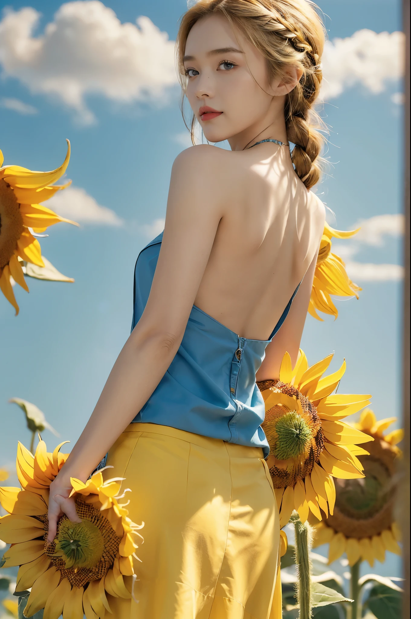 (((best quality))), (((ultra detailed))), (((masterpiece))), illustration,((a beautiful Ukrainian girl,solo)),((slim,thin)),((bare back,towering hips,butt crack)),(standing amidst a field of sunflowers:1.3),(short blonde braid hair:1.3), (((vibrant blue shirt,maxi bright yellow skirt))),((from back,upper body)),complementary attire, (horizon as backdrop:1.2),((brilliant shade of clear blue sky, stark contrast with sea of yellow sunflowers)),striking features, sharp piercing eyes, warm kindness, subtle smile, gentle nature, simplicity of beauty