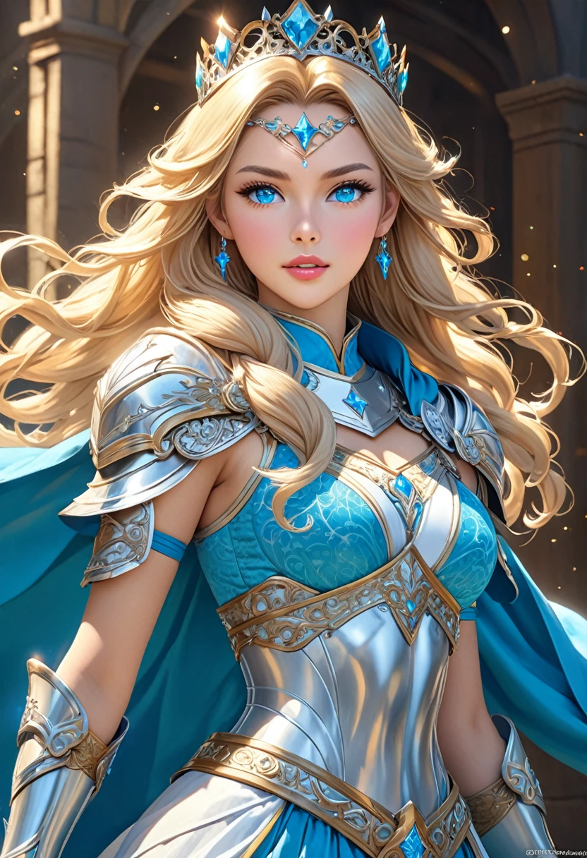 ((best quality)), ((artwork)), ((extremely detailed face)), ((perfect lighting)), ((extremely detailed CG)), ((perfect hands, perfect ???????)), Sex/Gender= Female Aliases= Dawnstar, Princess Starfall, Ely Age= 20 Hair= Blond, braided headband, long, ringlet Eyes= Jewel blue Features= Slender, voluptuous figure, fair skinned, youthful, ravishingly beautiful, refined features, full lips Height= 5′7″ Tall Clothing= Cape, crown, cyan dress, gauntlet, plate armor, ring Items= Longsword Personality= Brave, honorable, loyal.]