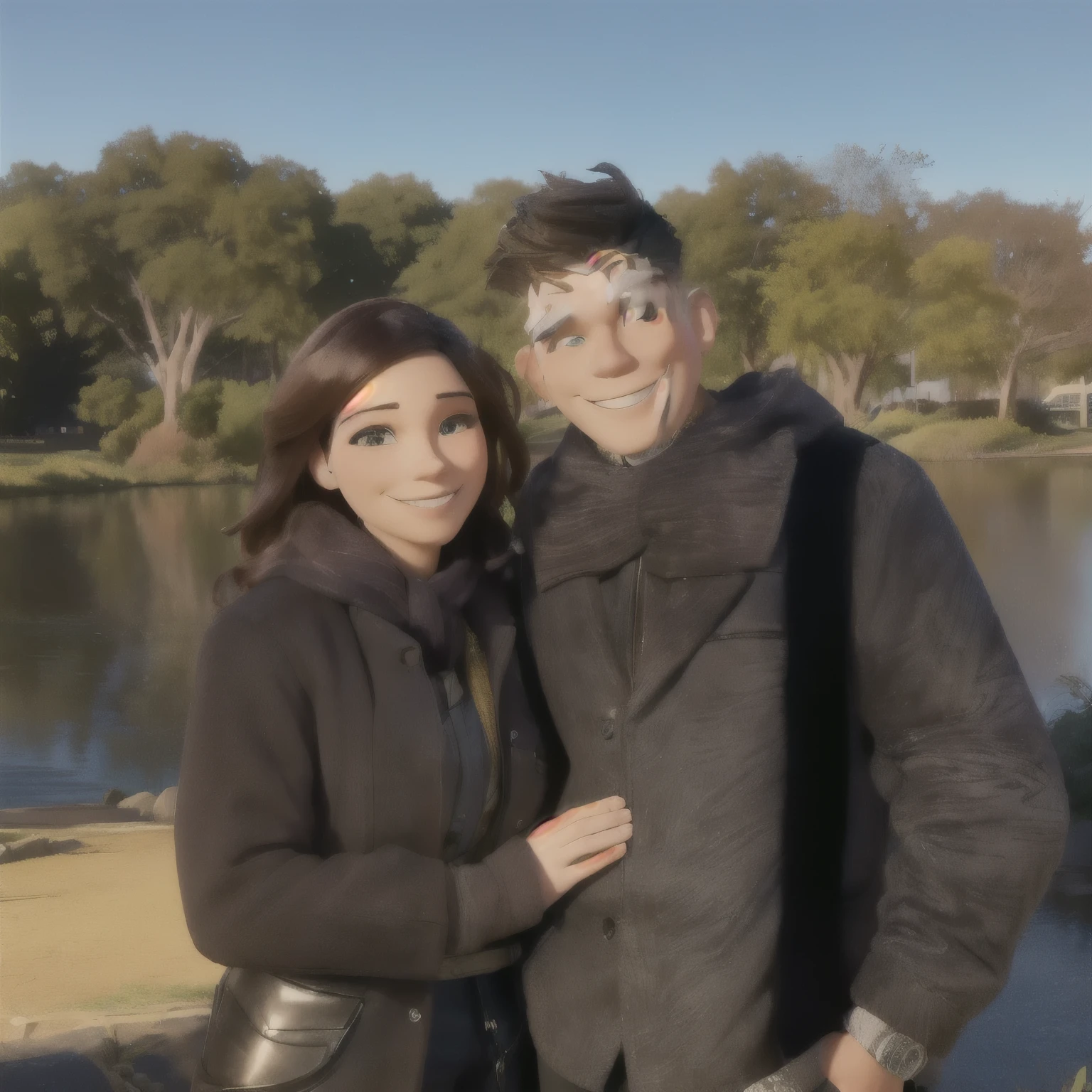 there is a man and woman standing next to each other by a river, with a park in the background, park in background, inspired by James Ardern Grant, buenos aires, surrounding the city, jordan grimmer and natasha tan, having a great time, 📷 mungojerrie and rumpleteazer, happy couple, smiling couple