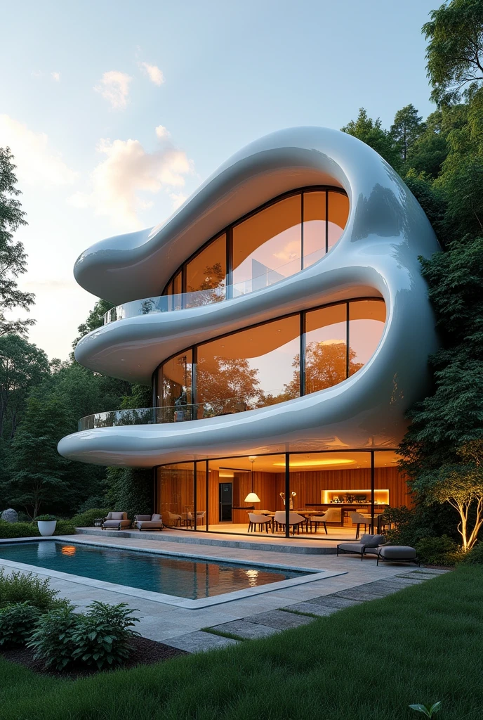Generate a futuristic three-story house with rounded shapes 