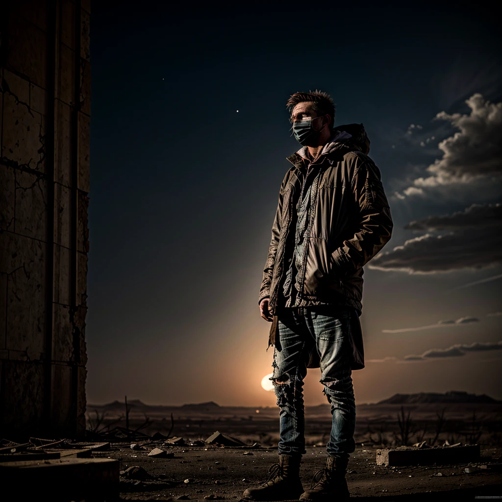 A man in a dark, dystopian landscape, portant une combinaison de protection contre les matières dangereuses en lambeaux et usée, his face masked by a cracked and damaged mask. The environment is barren and desolate, avec une palette de couleurs ternes et sourdes et un sentiment d’oppression et de décadence. The figure is hunched and weary, surrounded by the remnants of a failed technological civilization. The scene conveys a sense of despair and a lack of humanity, the figure trapped in a world fallen into ruin.