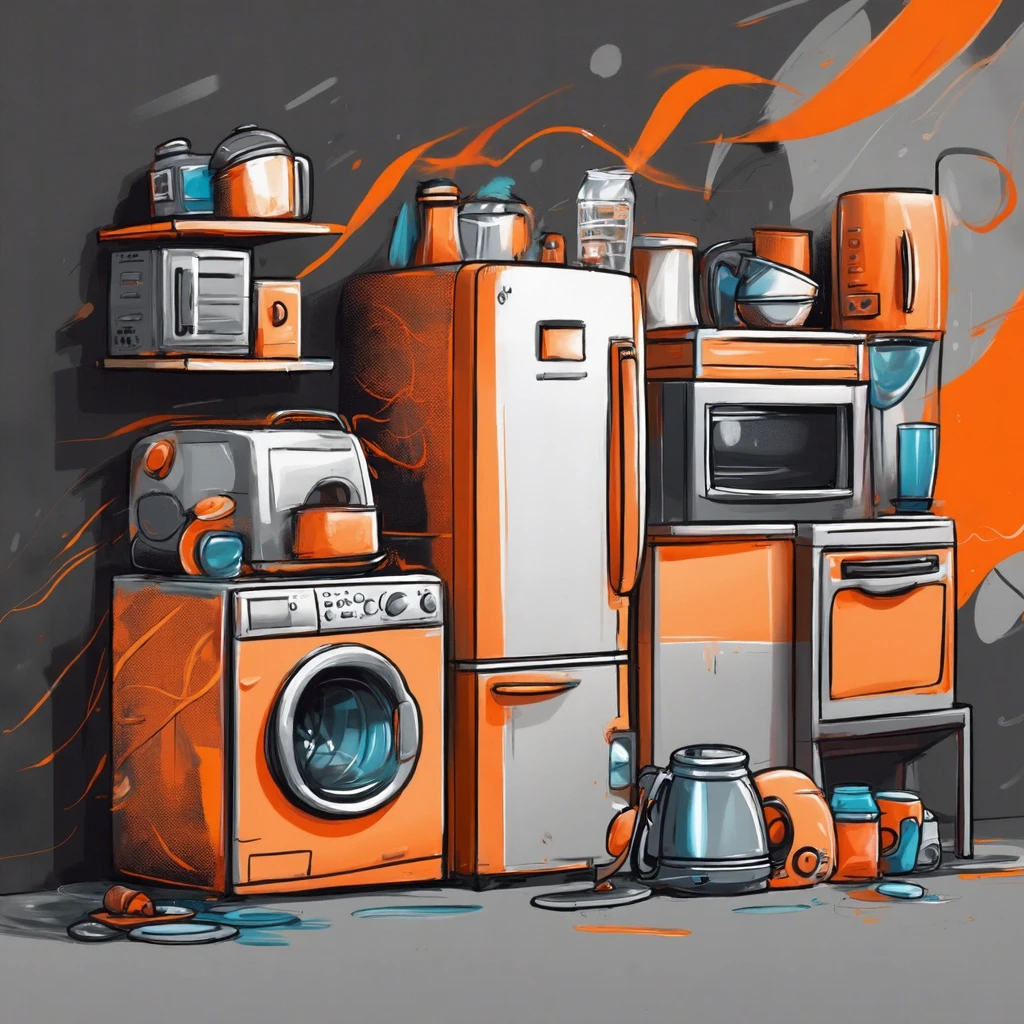 appliances, regale, display case, orange lines, black and gray background, industrial, banner horizontal, cartoonized, paint flecks, blue symbol in "in" image elements