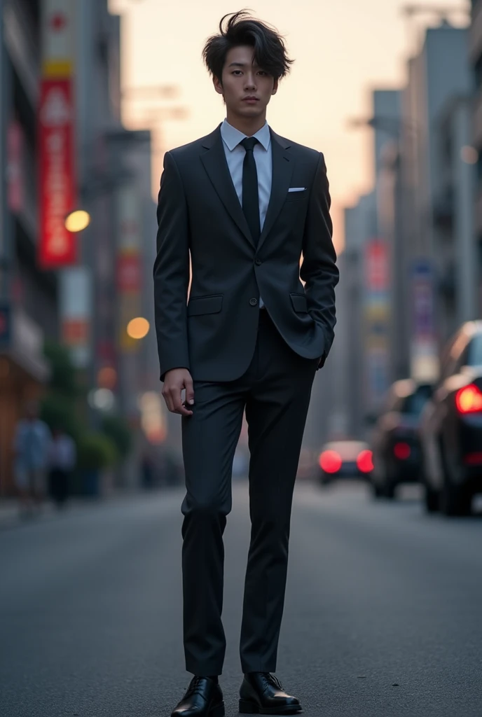 create an image of Sano Manjiro (Mikey) character of tokyo revengers anime
in a formal suit using the following description:
- **Suit Color**: Dark navy or deep charcoal gray.
- **Shirt**: Crisp white dress shirt.
- **Tie**: Deep charcoal gray or black.
- **Jacket**: Slim-fit, single-breasted with notch lapels.
- **Trousers**: Well-fitted, matching the jacket, with a sharp crease.
- **Shoes**: Polished black dress shoes.
- **Hair**: His iconic spiky hairstyle, slightly tamed to suit the formal look.