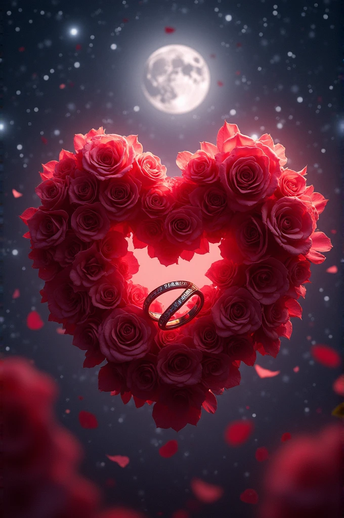 a heart, with a crown of roses around, in the starry sky, with full moon,.inside the heart a pair of rings, and with the names Thiago and Danielle
