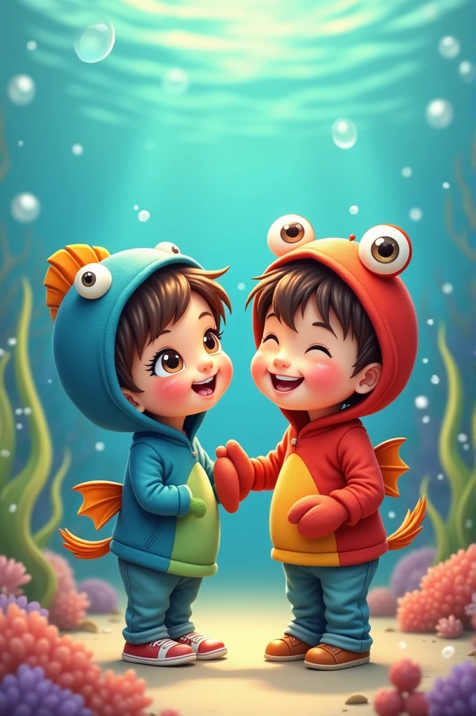 cute couples, one girl dressed as a fish, one boy dressed as a crab, the bow pinches the girl's cheeks, the girl sticks her tounge and winks at the boy