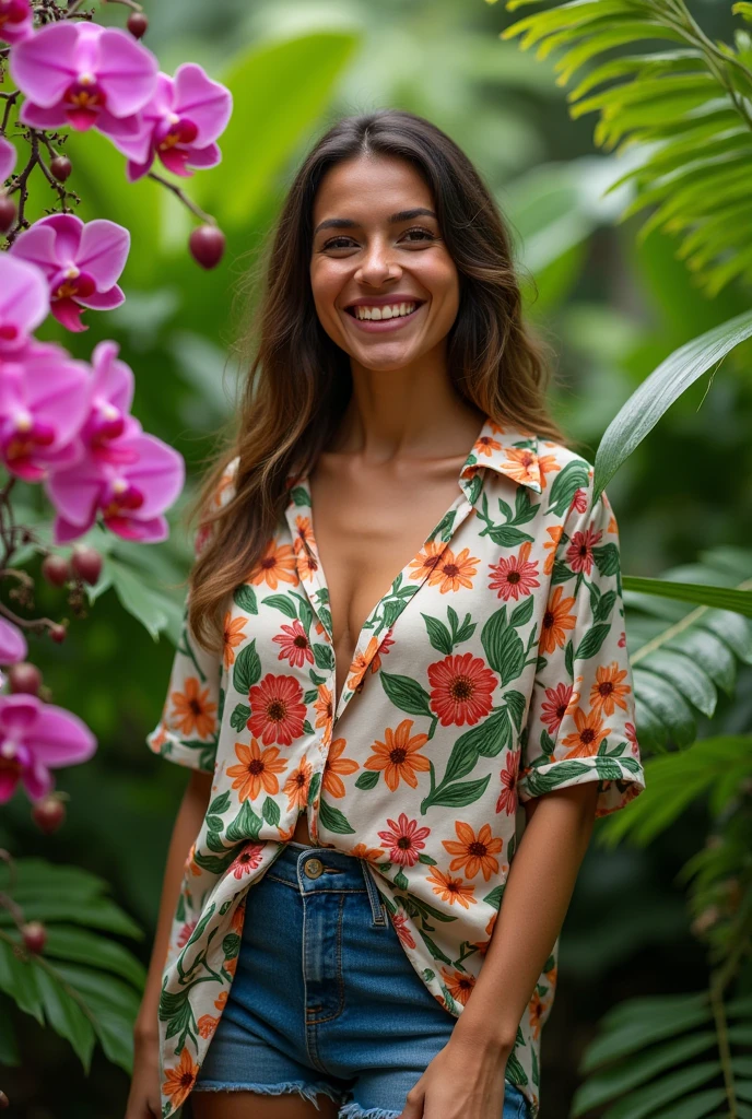 A Brazilian woman in a lush tropical garden, wearing an open shirt with a floral print, with a close-up capturing the harmonious beauty between her breasts and the natural flowers, showing off your natural charm and outgoing personality.