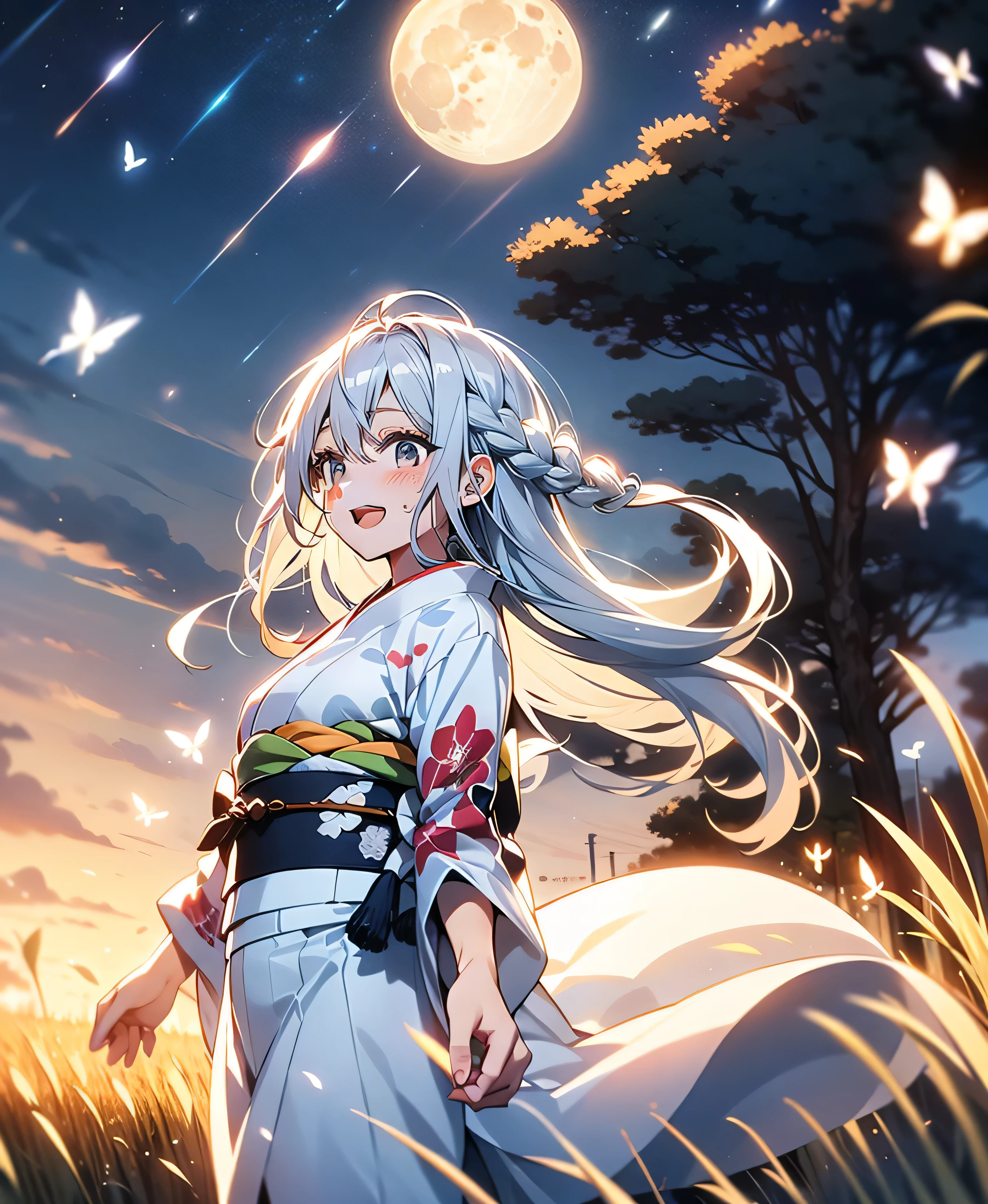 In 8K、Highest quality、masterpiece、Ultra-detailed、Ultra-high resolution、Anime Style、1 kimono Girl、uniform、Pampas grass field、full moon、moonlight、Check kimono、kimono flipping in the wind、dance、fun、sweating, kimono, Grey Hair, Silver Hair, eyelash, Happy, butterfly,