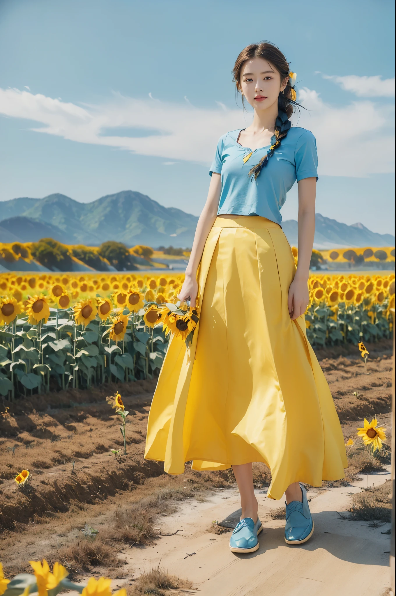(((best quality))), (((ultra detailed))), (((masterpiece))), illustration,((a beautiful Ukrainian girl,solo)),((slim,thin)),((small breasts,flat chest)),(standing amidst a field of sunflowers:1.3),(short blue braid hair:1.3), (((vibrant blue shirt,maxi bright yellow skirt))),(slender legs:1.2),(loafers:1.2),((from front,full body)),complementary attire, (horizon as backdrop:1.2),((brilliant shade of clear blue sky, stark contrast with sea of yellow sunflowers)),striking features, sharp piercing eyes, warm kindness, subtle smile, gentle nature, simplicity of beauty