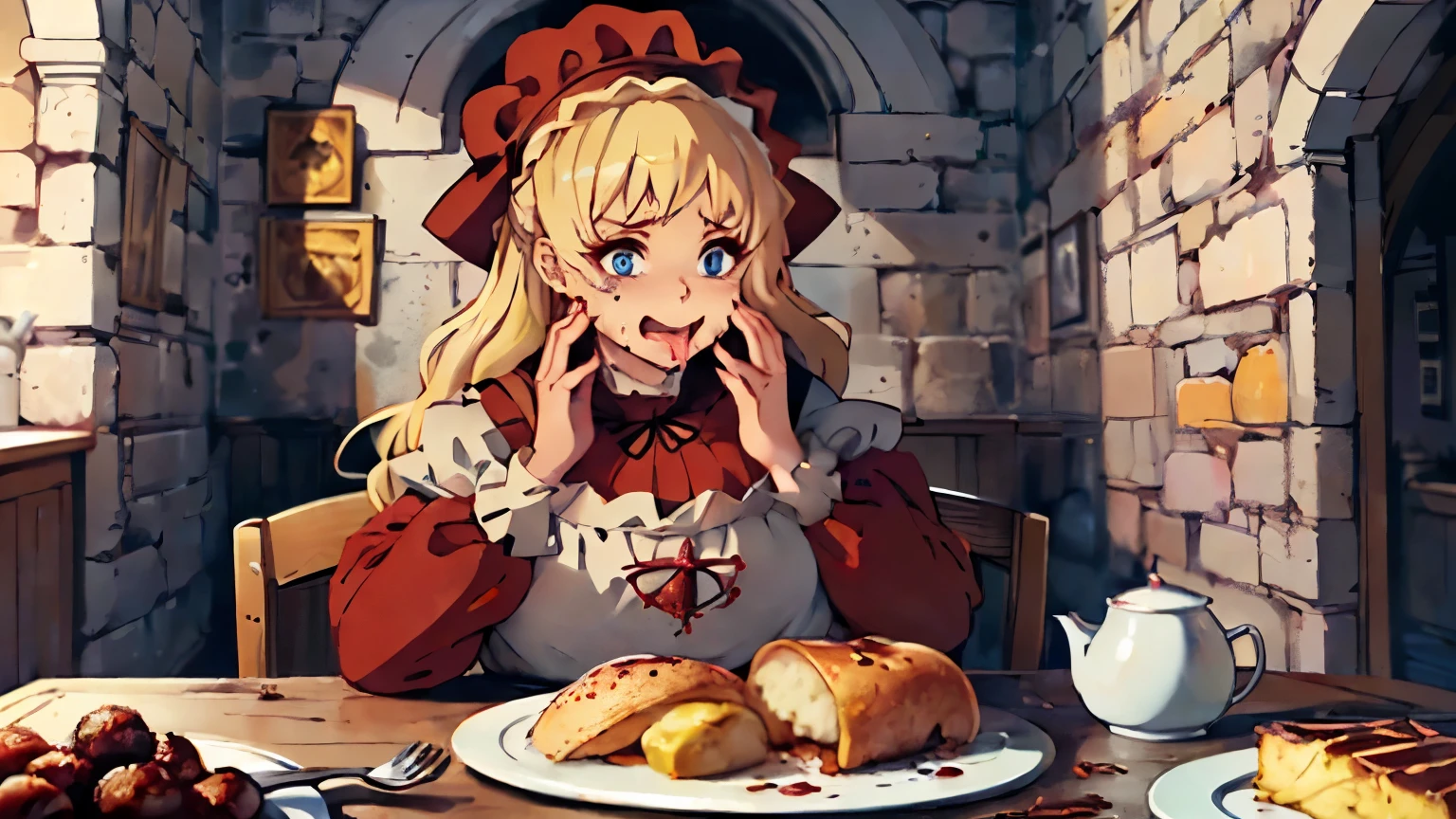 ((best quality)), ((masterpiece)), (detailed), ((1girl)), ((anime)), ((peasant girl)), (( dark fantasy)), ((blue eyes)), ((blonde)), ((dirty peasant apparel)), ((happy)), ((medieval)), ((high quality face)), ((stand)), ((royal kitchen background)), ((royal kitchen taster)), ((realize getting fat)), ((food)), ((gluttony emotion))