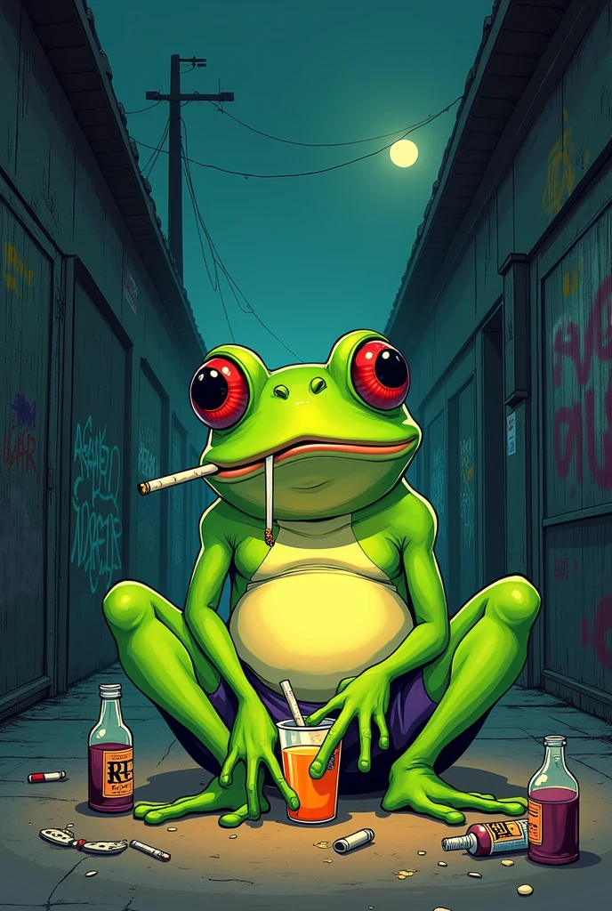 A simple drawing of a frog who is a 2024 youth who smokes, drinks alcohol, does drugs, and has suicidal thoughts. The person is a human frog who is very easy to draw.