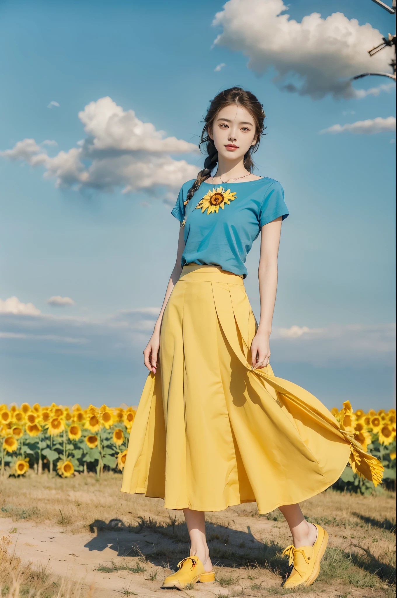 (((best quality))), (((ultra detailed))), (((masterpiece))), illustration,((a beautiful Ukrainian girl,solo)),((slim,thin)),((small breasts,flat chest)),(standing amidst a field of sunflowers:1.3),(short blue braid hair:1.3), (((vibrant blue shirt,maxi bright yellow skirt))),(slender legs:1.2),(loafers:1.2),((from front,full body)),complementary attire, (horizon as backdrop:1.2),((brilliant shade of clear blue sky, stark contrast with sea of yellow sunflowers)),striking features, sharp piercing eyes, warm kindness, subtle smile, gentle nature, simplicity of beauty