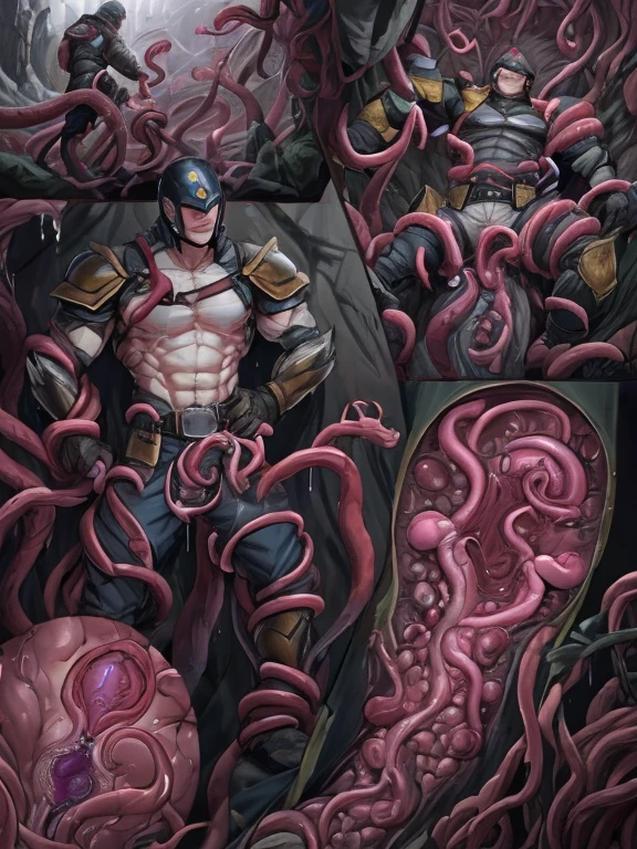 Superhero, hero, strong and robust male, Armor, Tentacle entanglement, uniform, Binding hands togethe, Foreign object invasion, monster breeding, wet, slime, tentacles, slimy tentacles, monster and human breeding, Tentacles wrapped around the body, Insert tentacles into the body, Blocked mouth by tentacles, Both hands are bound, The reproductive organs are covered in tentacles, The chest was torn apart by tentacles, Tentacles penetrate deep into clothes, Wearing pants completely, Complete wearing of trousers, Do not expose the reproductive organs, Do not touch the lower body, The sexual organs do not become erect