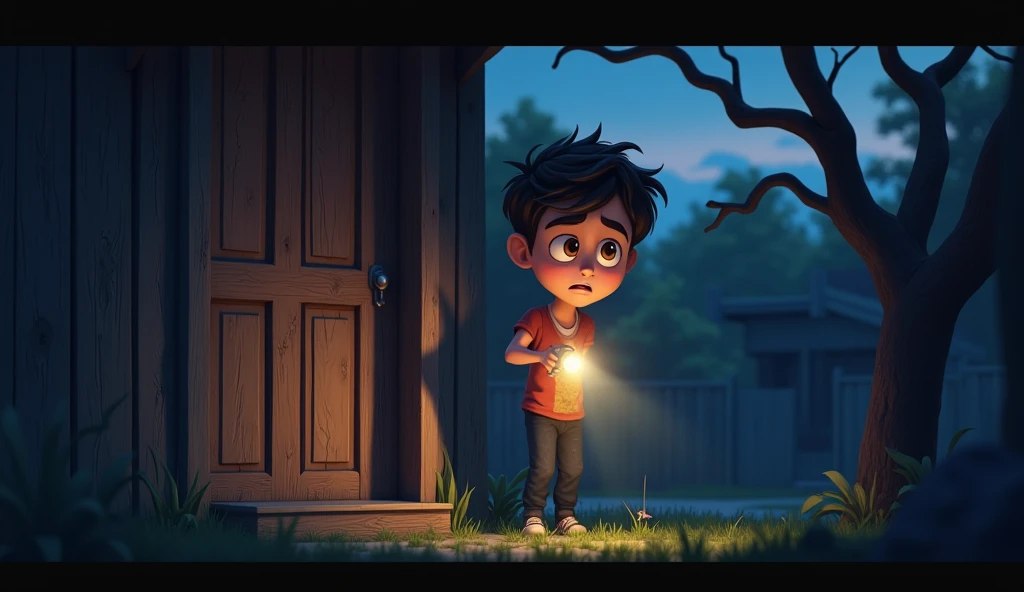 A young man named Dimas stands in front of the house's door. He holds a flashlight emitting a weak beam of light. His face shows nervousness but also determination.
( animasi, cartoon, light effect, lighting is smooth, in 3d animation )