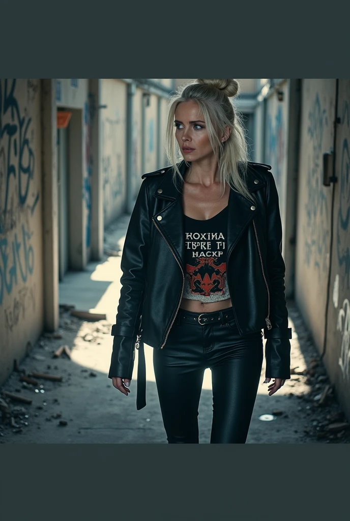 Old russian milf, platinum blonde hair in top bun ,with very light blue eyes, pale, heavy eye shadow s. Wearing black moto jacket, cropped rock t-shirt, black leather jeans and white tennis sneakers. Scared face
