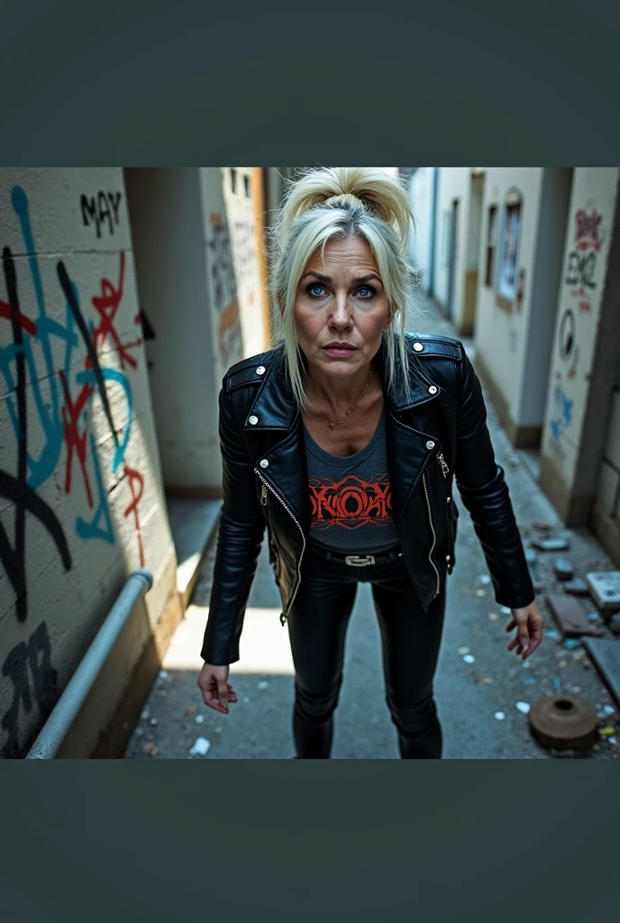 Old russian milf, platinum blonde hair in top bun ,with very light blue eyes, pale, heavy eye shadow s. Wearing black moto jacket, cropped rock t-shirt, black leather jeans and white tennis sneakers. Scared face