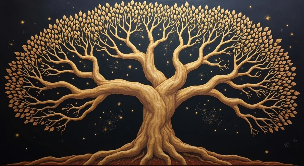 a tree with a black background and a sturdy tree, 3D metallic leaves, autumn season, leaves falling, golden sacred tree, the tree of life, cosmic tree of life, ancient tree, Fantasy Tree, rich tree, highly detailed fine art, complex organic painting, highly detailed painting, the world tree, tree of life seed of doubt, cosmic tree, magic tree