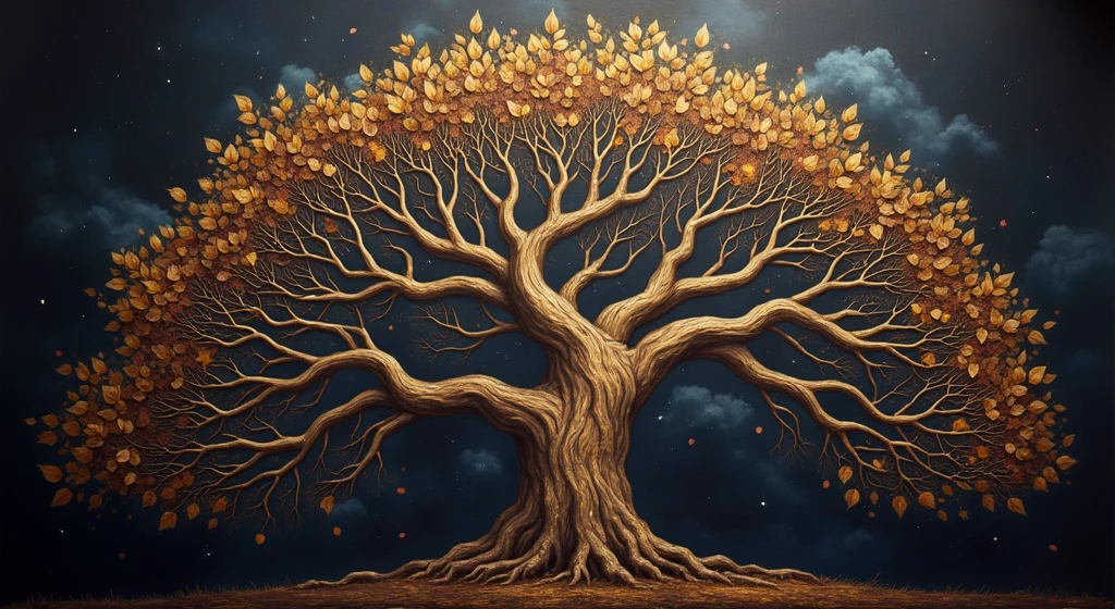 a tree with a black background and a sturdy tree, 3D metallic leaves, autumn season, leaves falling, golden sacred tree, the tree of life, cosmic tree of life, ancient tree, Fantasy Tree, rich tree, highly detailed fine art, complex organic painting, highly detailed painting, the world tree, tree of life seed of doubt, cosmic tree, magic tree