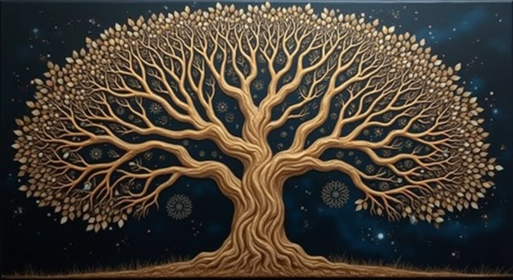 a tree with a black background and a sturdy tree, 3D metallic leaves, autumn season, leaves falling, golden sacred tree, the tree of life, cosmic tree of life, ancient tree, Fantasy Tree, rich tree, highly detailed fine art, complex organic painting, highly detailed painting, the world tree, tree of life seed of doubt, cosmic tree, magic tree