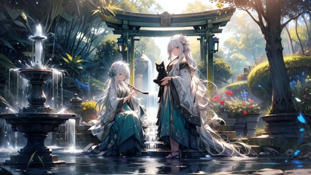 A woman is playing the flute.The woman has long white hair and is wearing a green dress.The girl is playing by the fountain in the park.A black cat is watching the girl play at her feet.